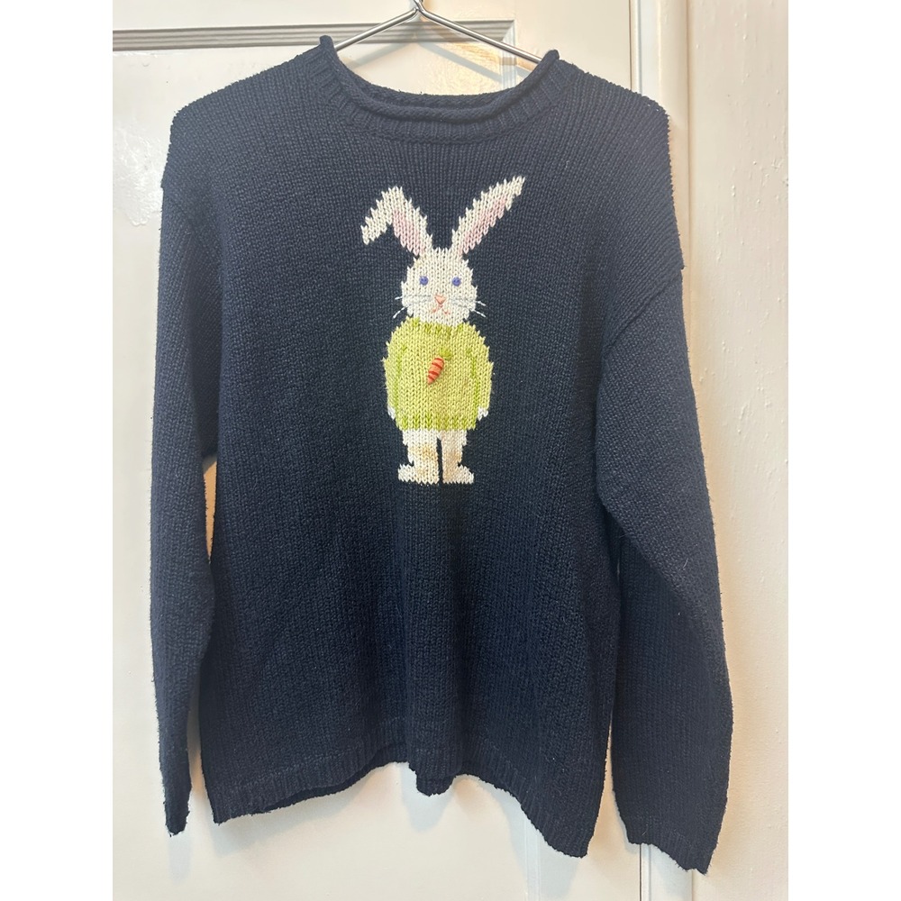 Marisa Christina Vintage Bunny Rabbit Sweater Navy‎ Ramie Cotton Knit Womens L